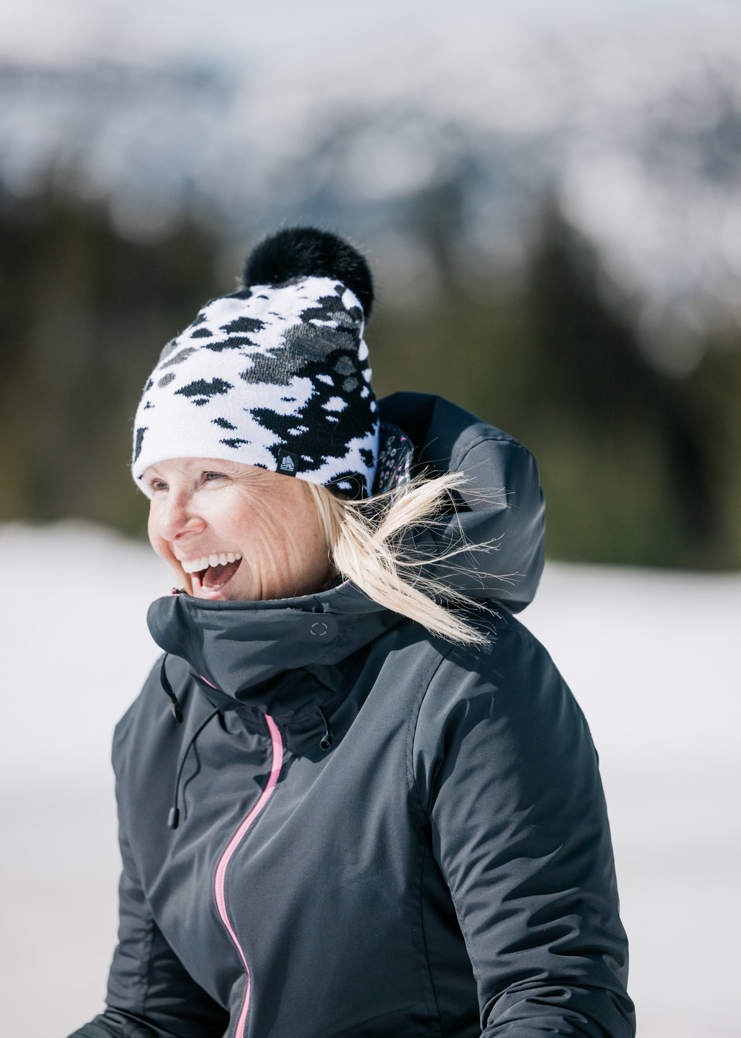 Cowhide Midi Faux Fur Pom Beanie