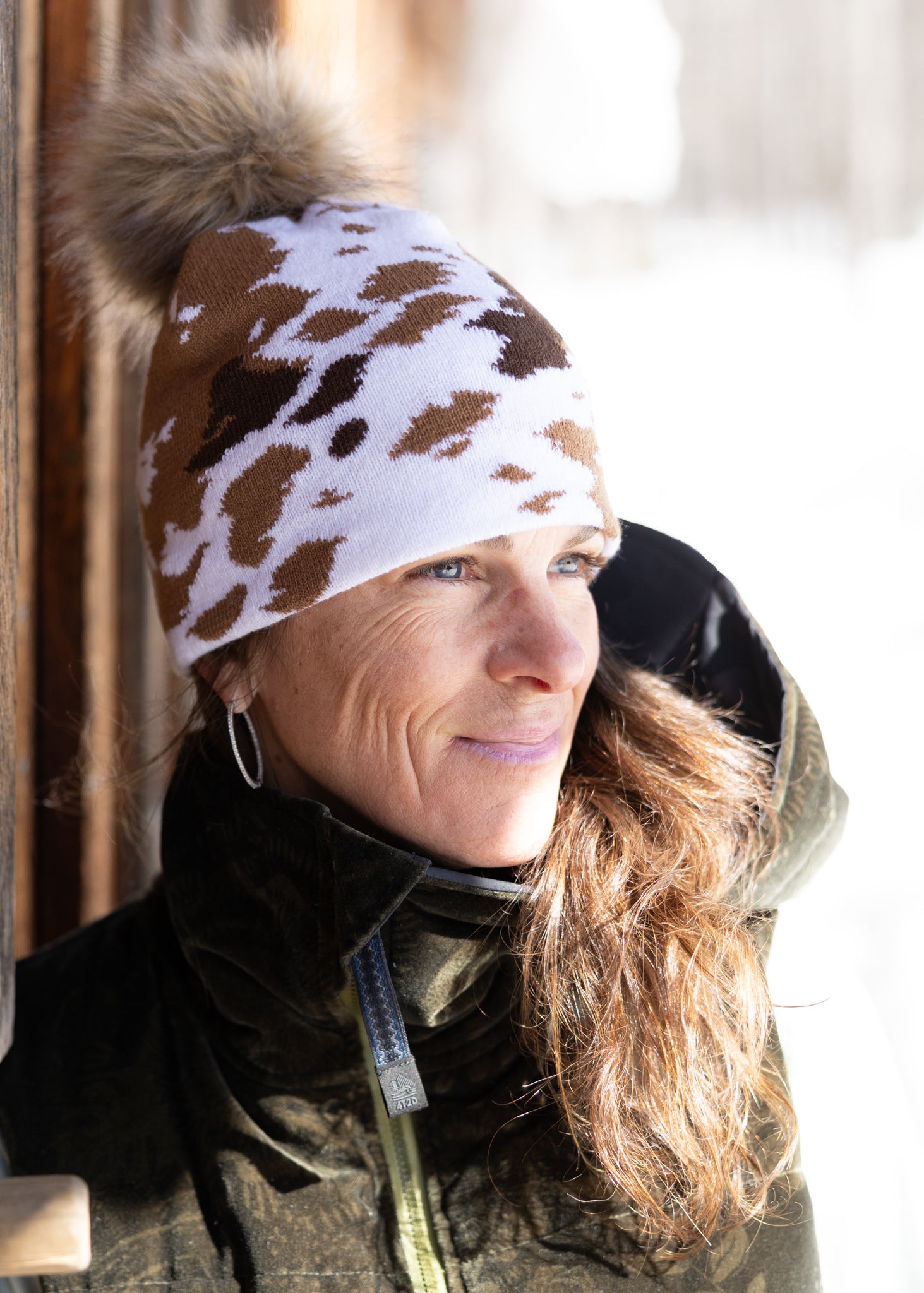 Cowhide Midi Faux Fur Pom Beanie