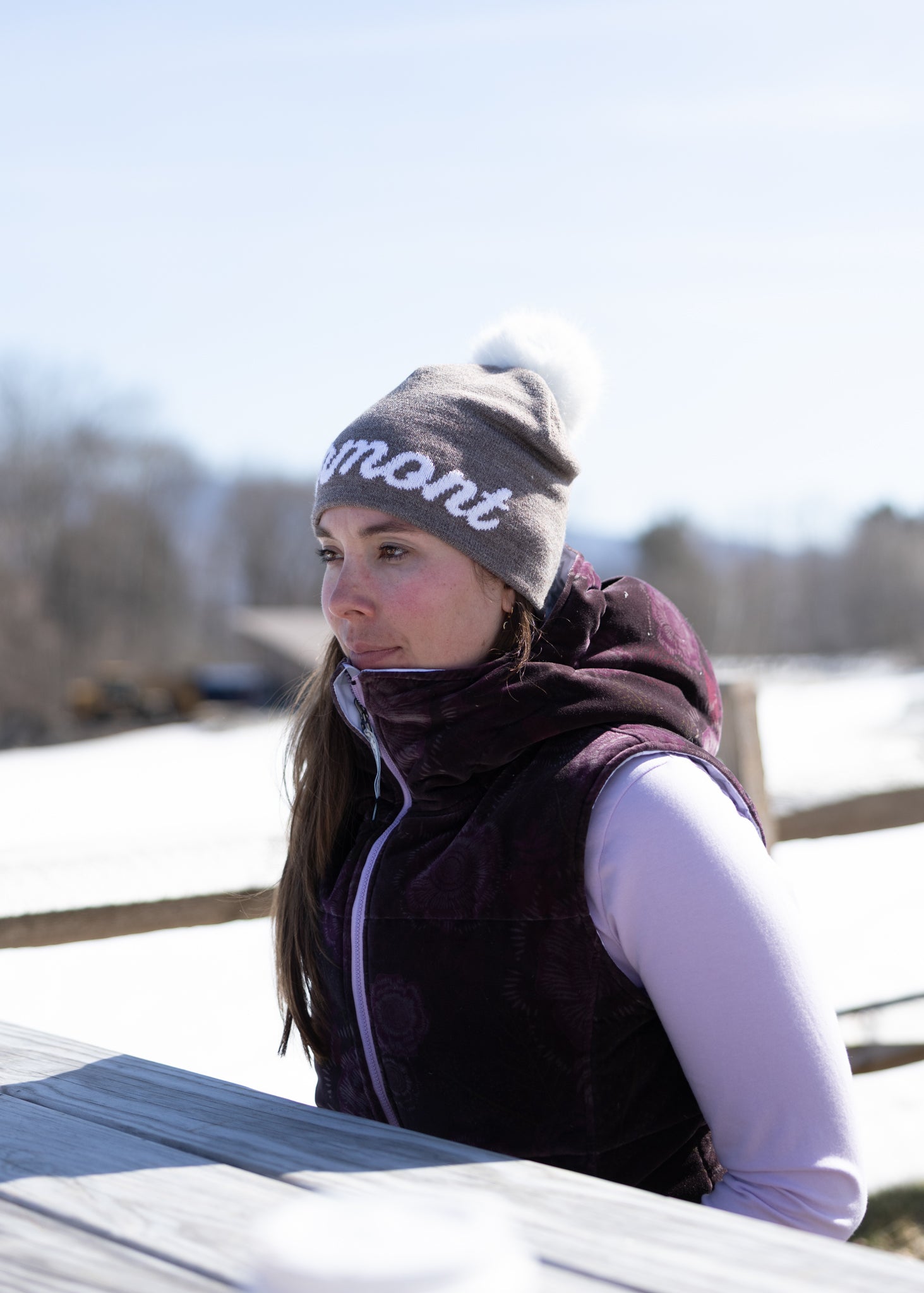 Vermont Cursive Midi Faux Fur Pom Beanie