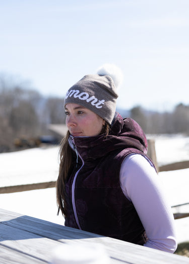 Vermont Cursive Midi Faux Fur Pom Beanie